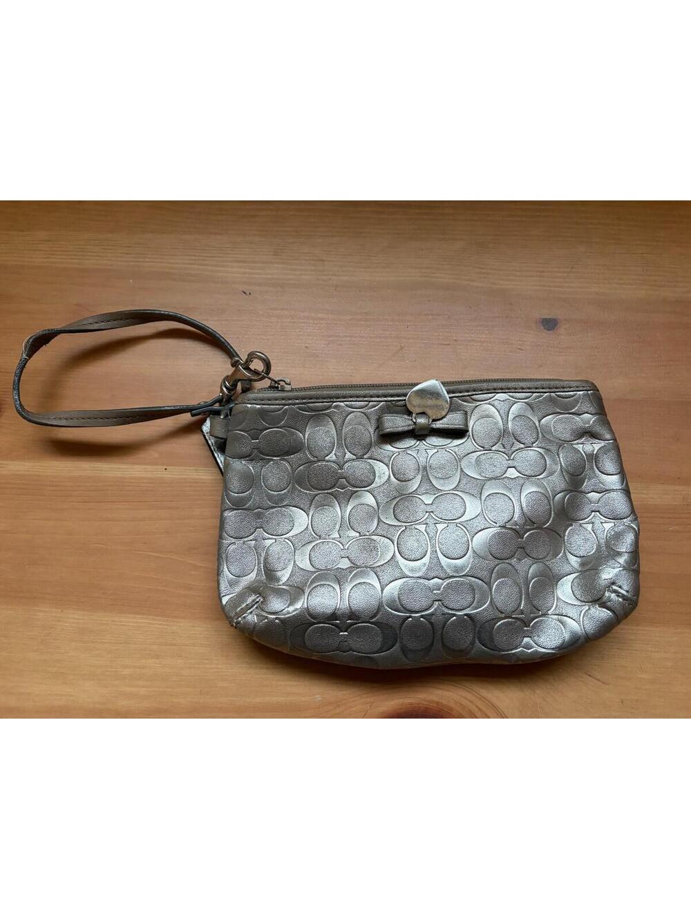 Coach Metallic Silver Signature Wristlet Clutch Heart Charm Authentic